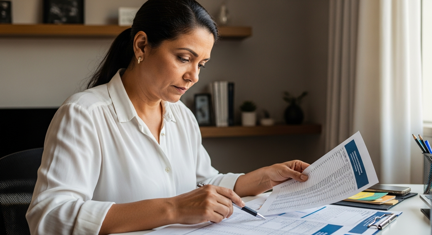 Mulher brasileira comparando documentos de consórcio e financiamento bancário em mesa de trabalho