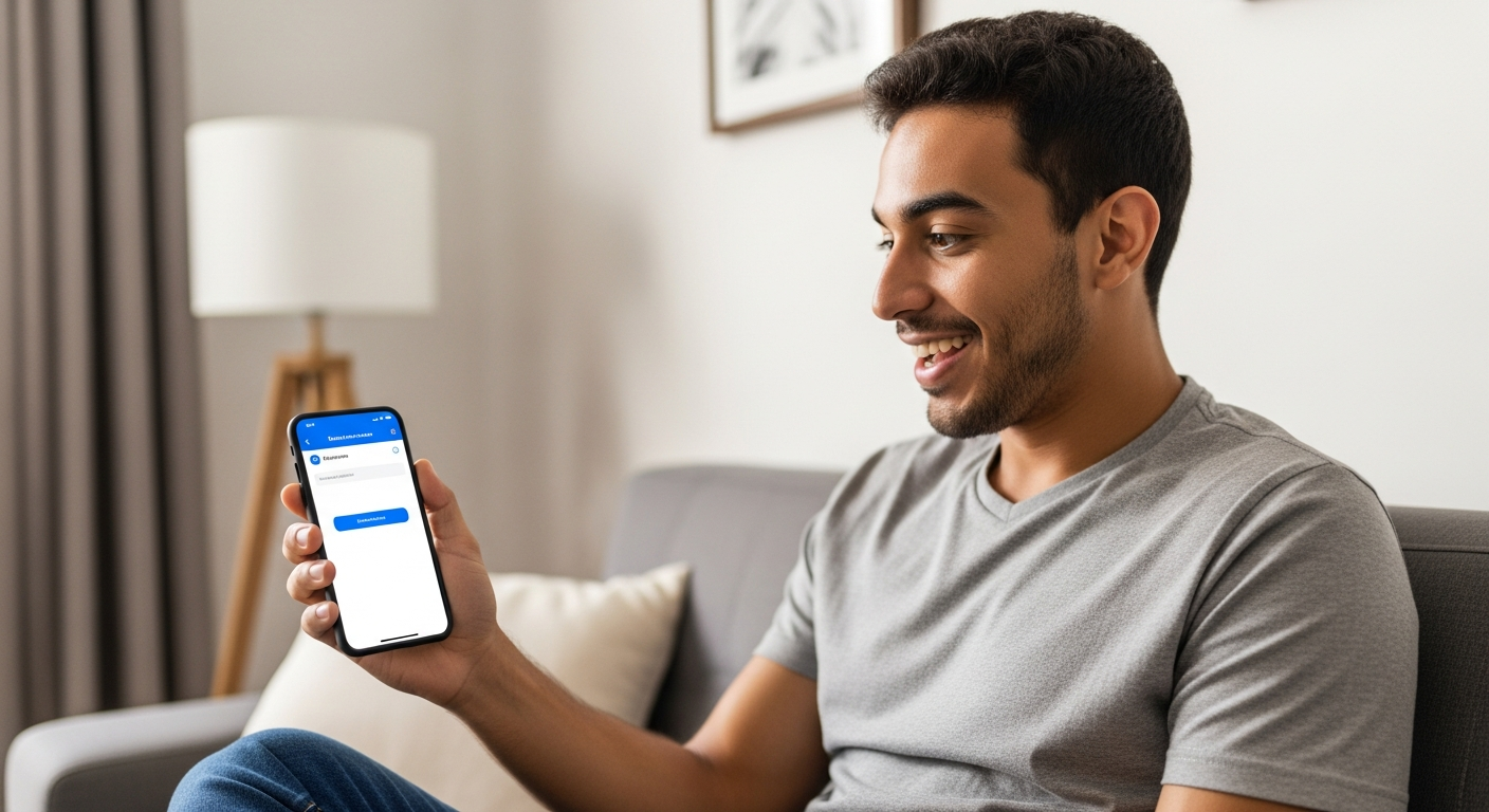 Homem brasileiro consultando saldo do FGTS no smartphone para usar como lance em consórcio imobiliário
