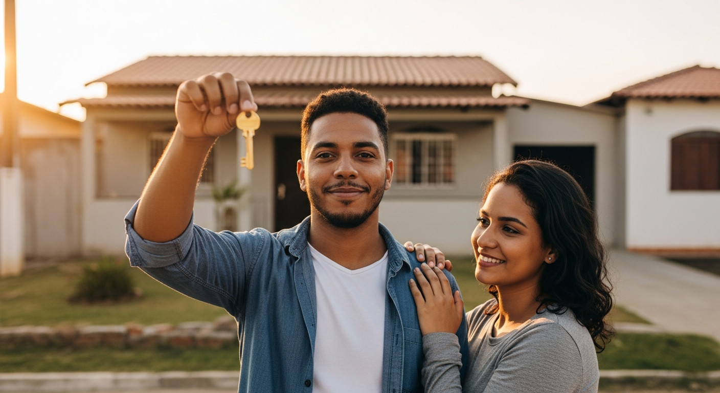 Casal brasileiro jovem segurando chave na frente da casa própria conquistada por consórcio de imóvel