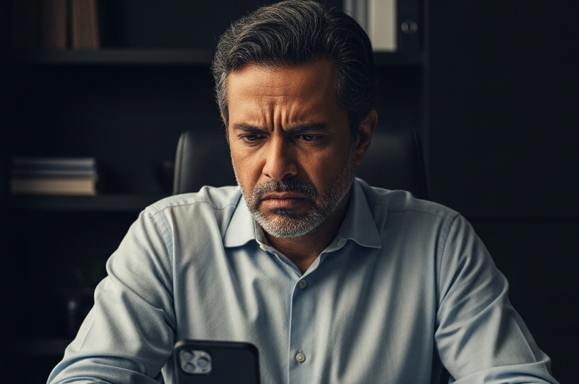 Empresário brasileiro frustrado com celular ao tentar conseguir crédito em conta PJ de banco digital