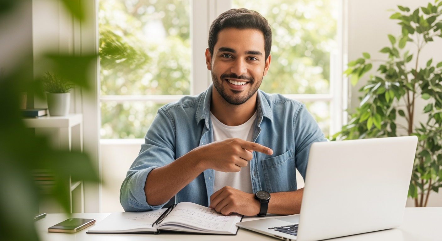 Jovem empresário brasileiro sorridente organiza contas da empresa no laptop em home office