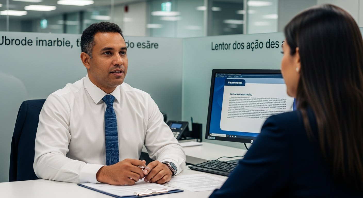 Gerente bancário brasileiro em atendimento ouvindo cliente solicitar linha de crédito para franquia em agência
