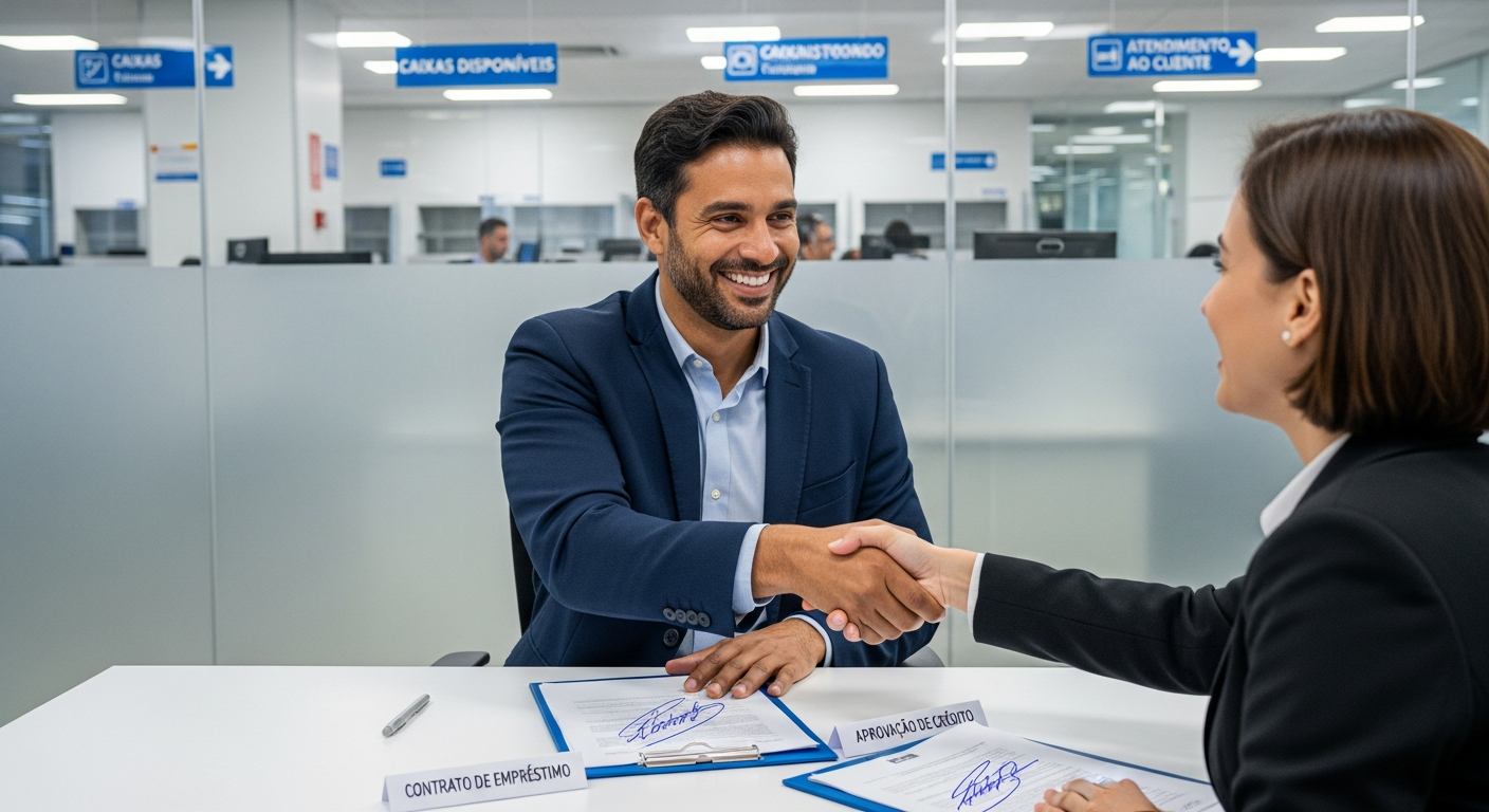 Empreendedor brasileiro cumprimentando gerente bancário após aprovação de crédito para abrir franquia