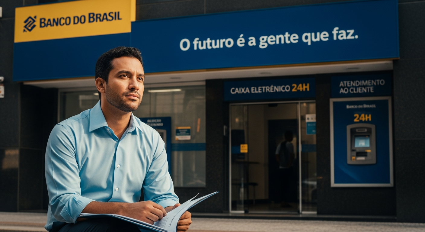 Empreendedor brasileiro com pasta de documentos sentado em frente a agência bancária antes de solicitar crédito para abrir franquia