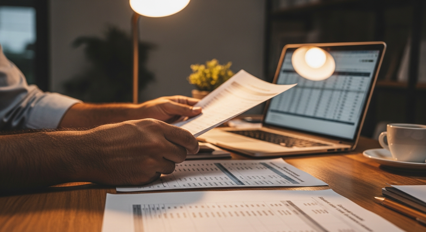 Mãos de empresário brasileiro analisando extratos bancários e planilha financeira para solicitação de crédito empresarial
