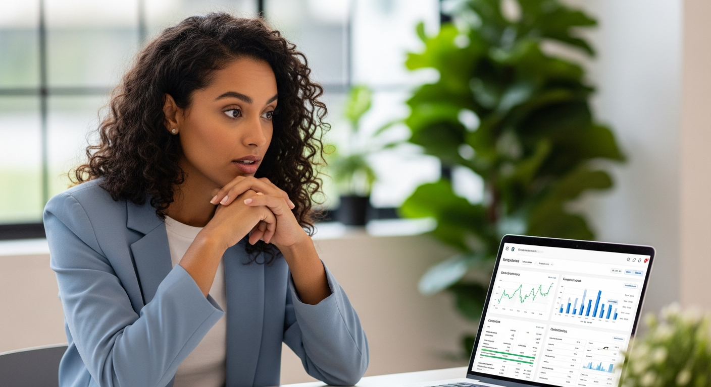 Empresária brasileira descobrindo linhas de crédito para empresas disponíveis em portal bancário no notebook