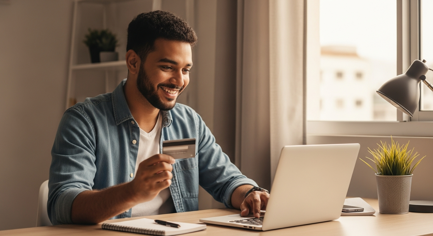 Jovem empreendedor brasileiro segurando cartão PJ ao lado de notebook em home office, representando crédito para MEI