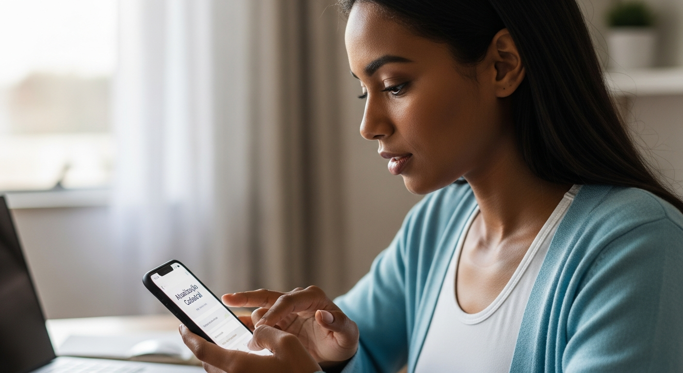Mulher brasileira atualizando cadastro no aplicativo do Banco Inter pelo celular em home office