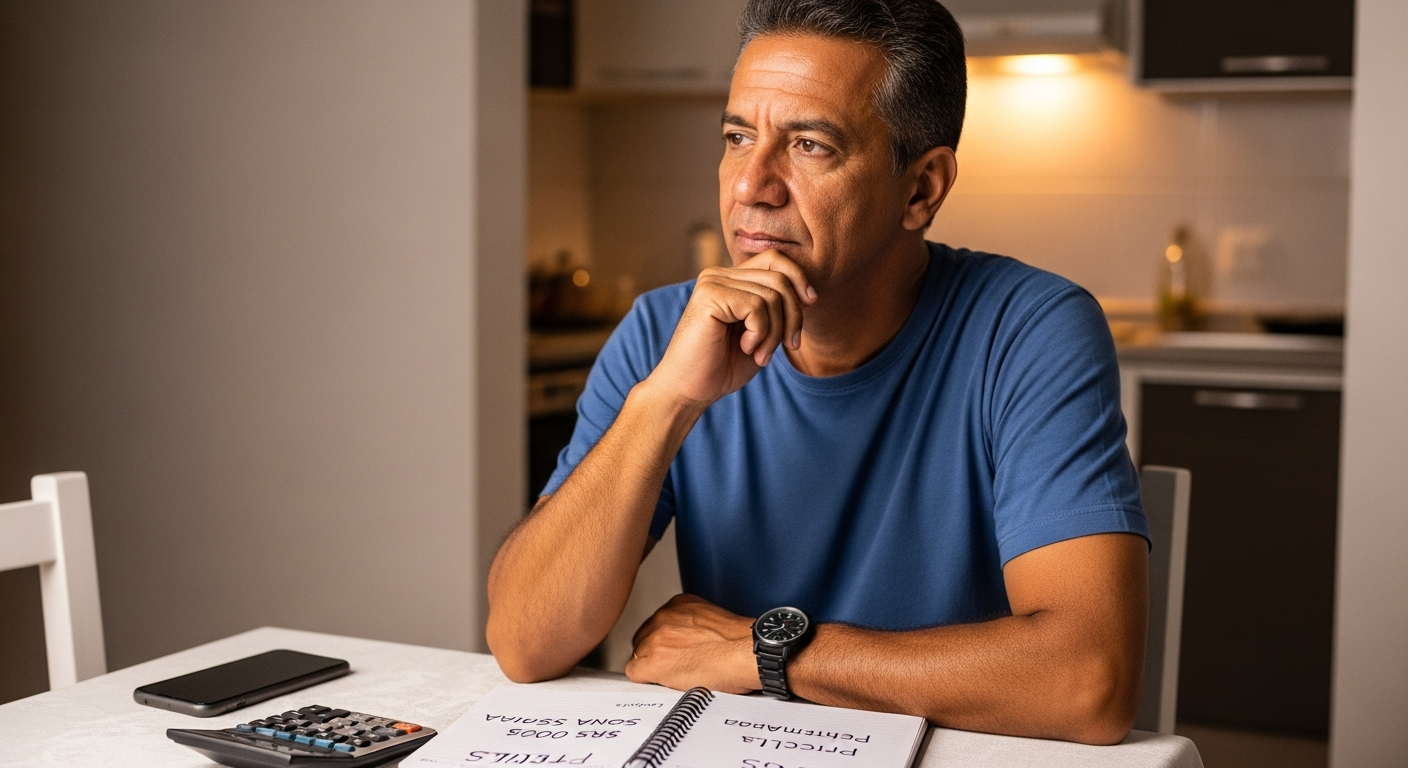Homem brasileiro calculando entrada e parcelas para simulação de financiamento imobiliário Banco Inter