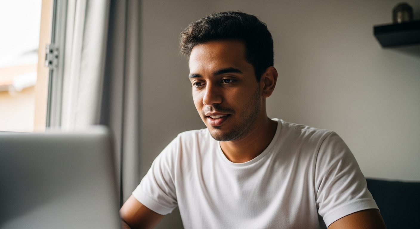 Jovem empreendedor brasileiro acessando portal do governo no notebook para abrir MEI de fotografia