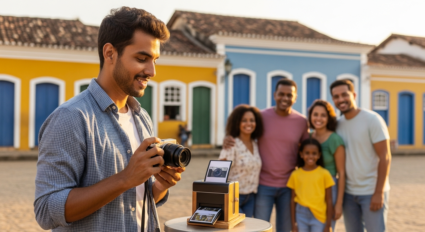 Fotógrafo MEI com câmera compacta em ponto turístico histórico de Porto Seguro, impressora portátil ao lado