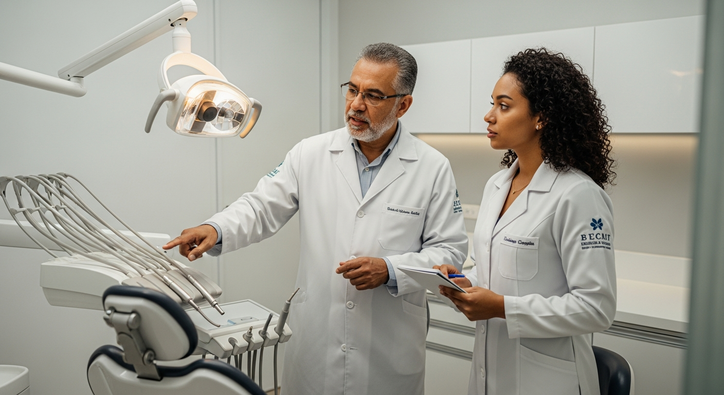 Dentista experiente orienta jovem colega brasileiro ao lado de cadeira odontológica em clínica moderna