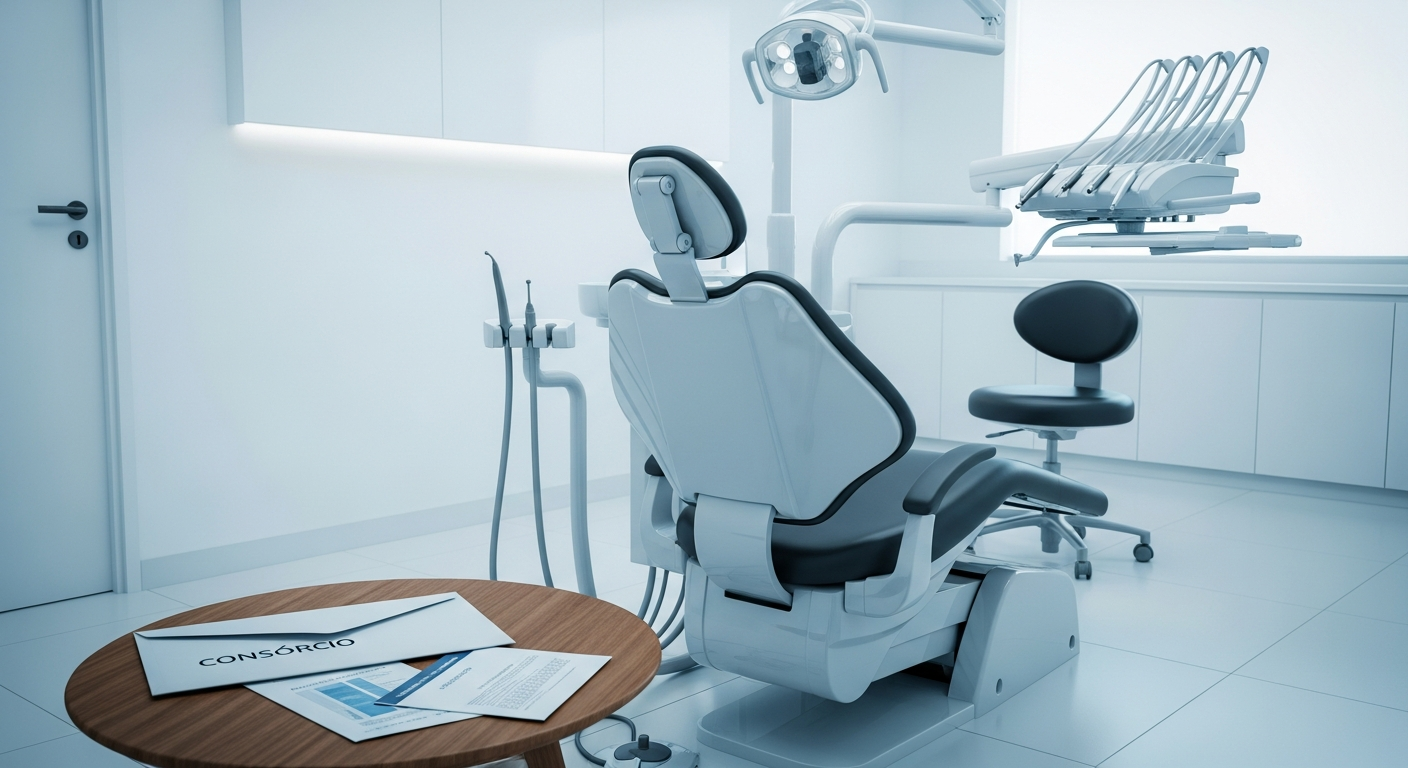 Cadeira odontológica nova em consultório moderno com documentos de contrato sobre mesa lateral ao fundo