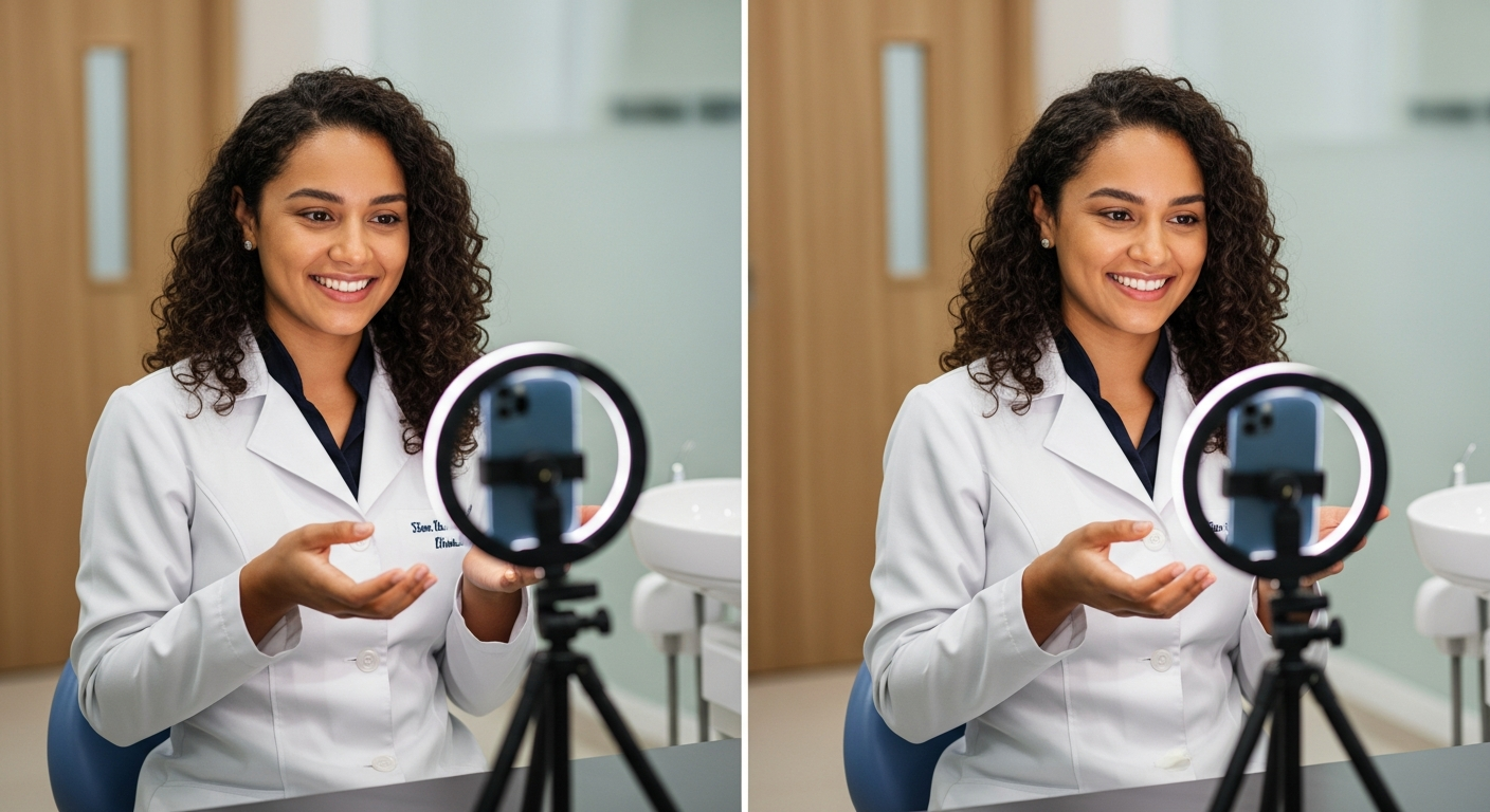 Dentista brasileira grava vídeo educativo para redes sociais dentro de consultório odontológico moderno