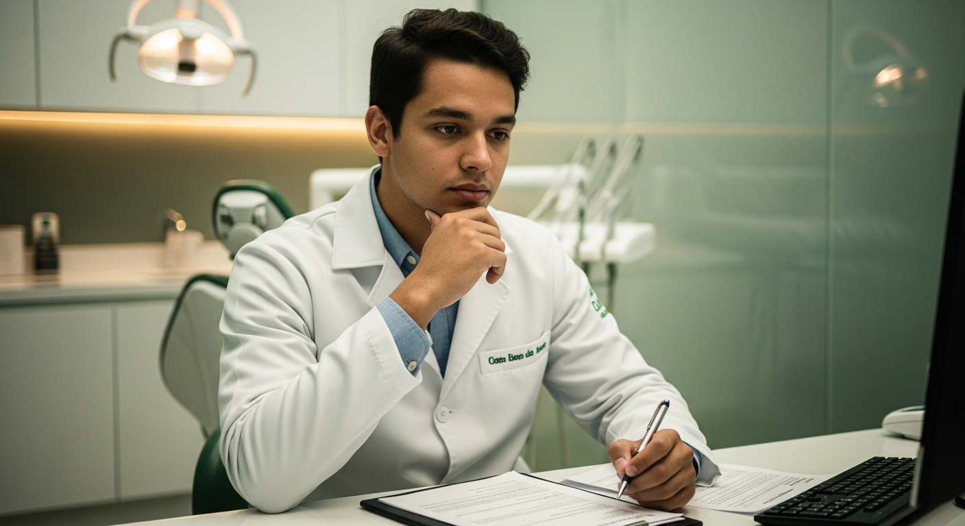 Dentista brasileiro jovem com jaleco branco analisa documentos financeiros em consultório odontológico moderno