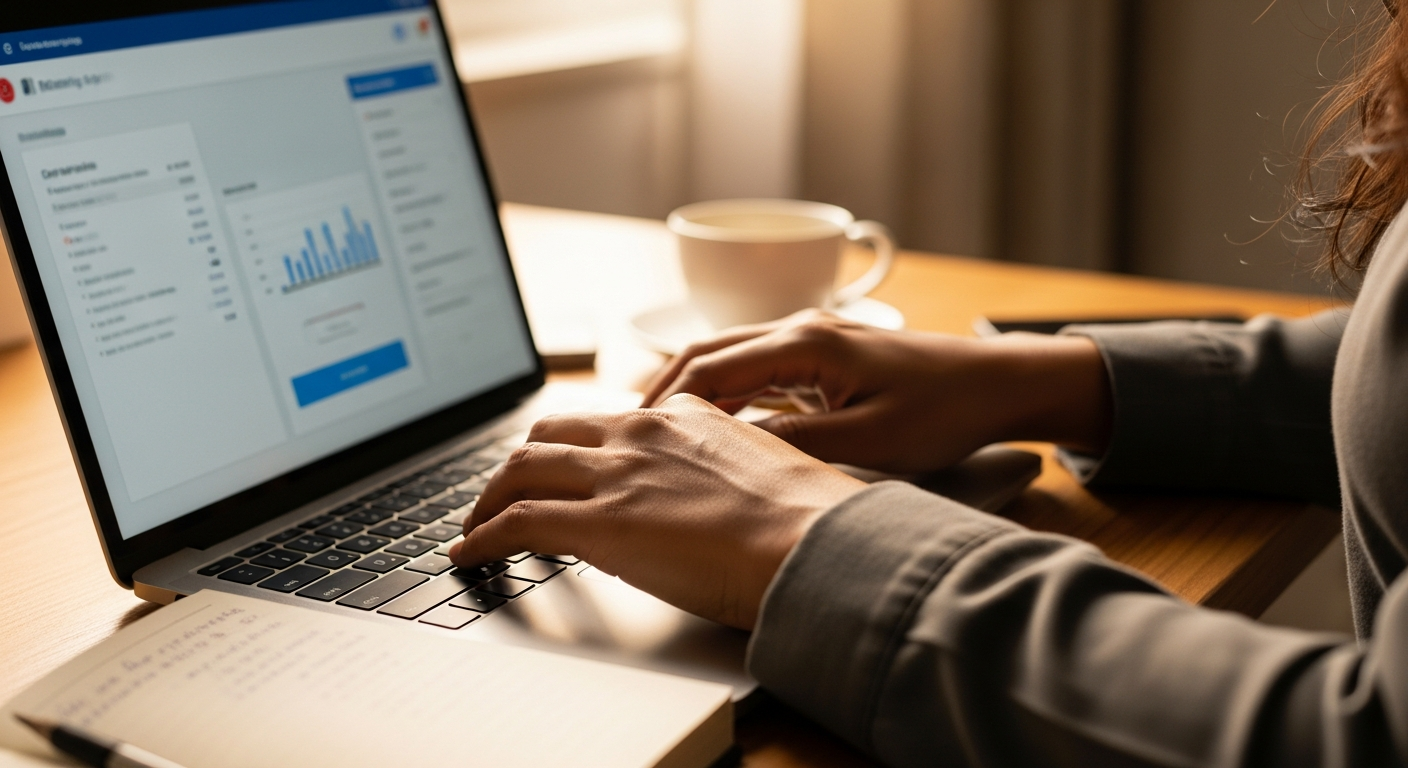 Empreendedor brasileiro consultando sistema bancário online para verificar rate de crédito no Registrato