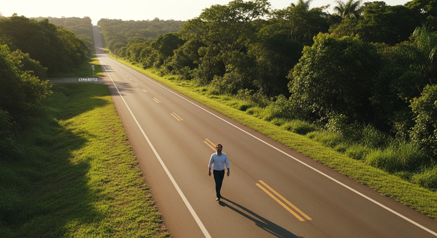 Empreendedor brasileiro caminhando em estrada — metáfora visual do lapso temporal do CNPJ e histórico de crédito