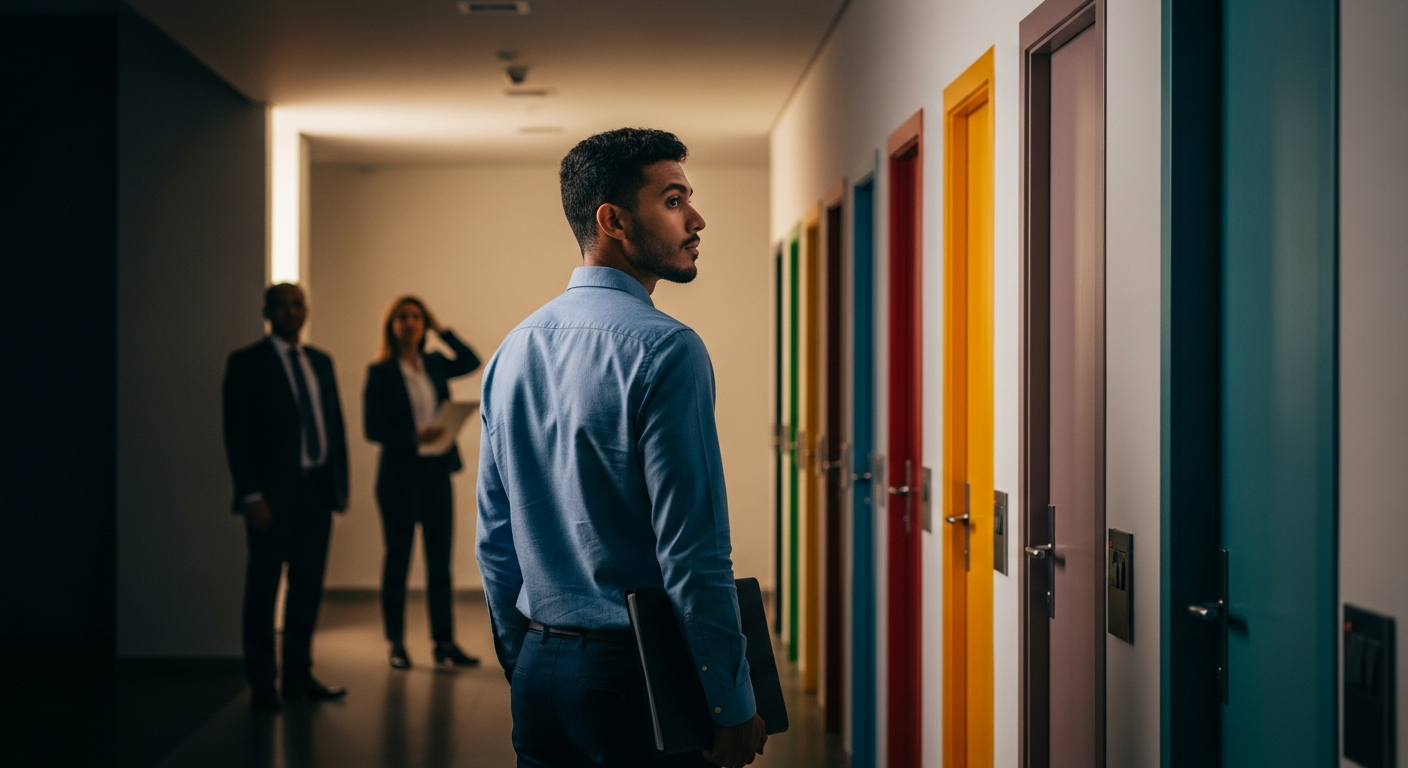 Empreendedor brasileiro diante de múltiplas portas, representando a escolha do melhor banco para empréstimo para empresa