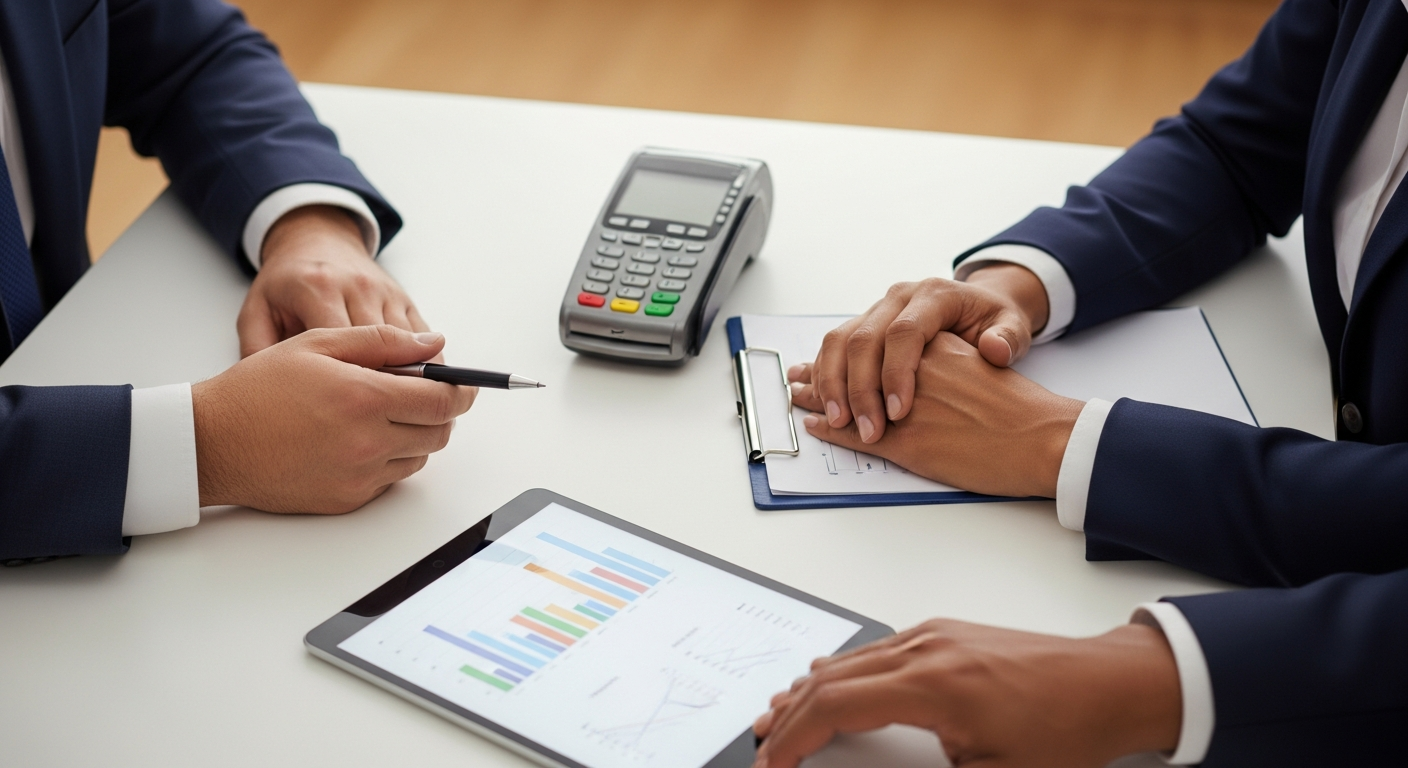 Gerente bancário e empresário brasileiro em reunião com maquineta e tablet — análise de crédito empresarial