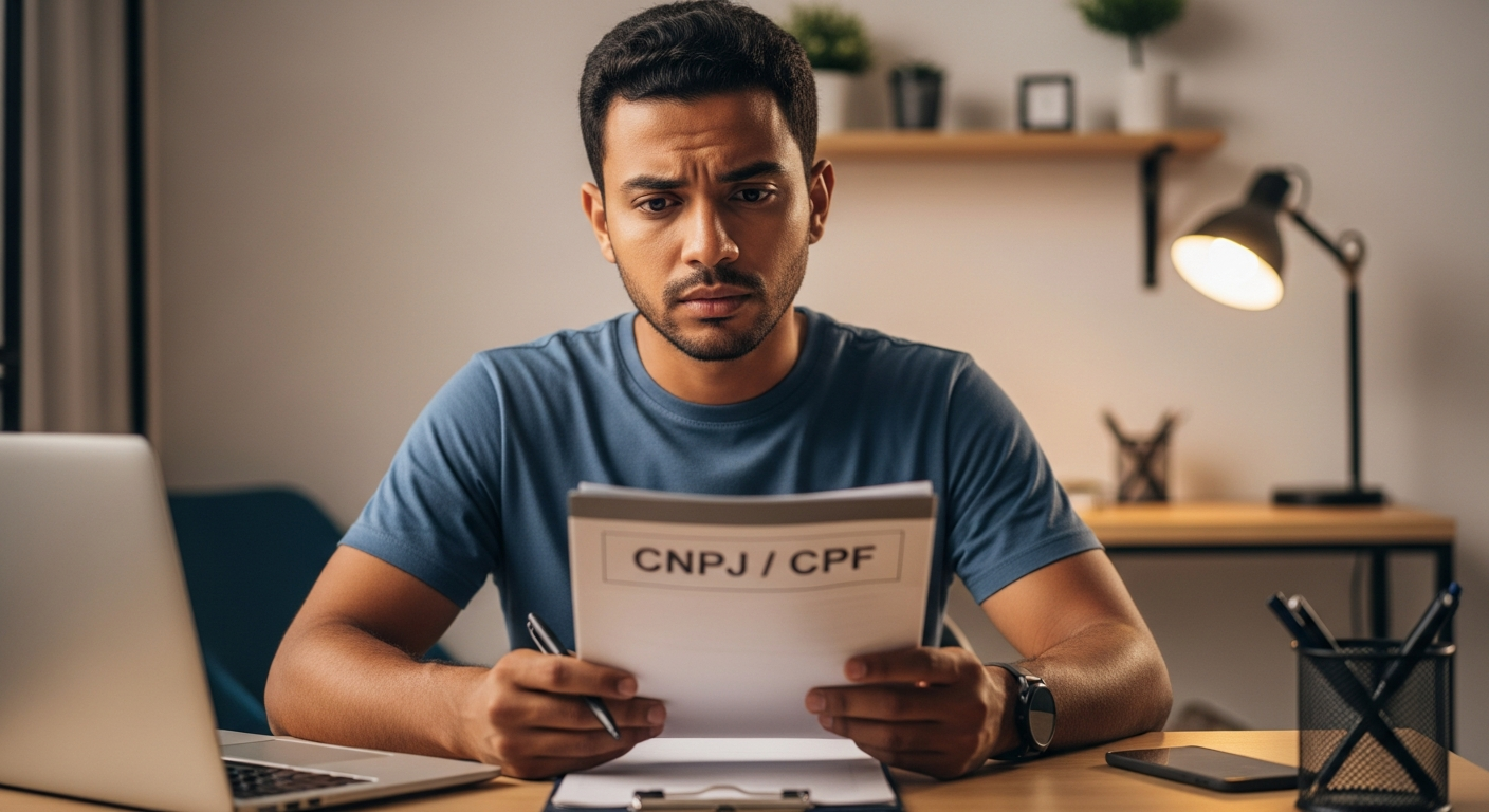 Empreendedor brasileiro preocupado com documentos, ilustrando impacto do CPF sujo no crédito do CNPJ