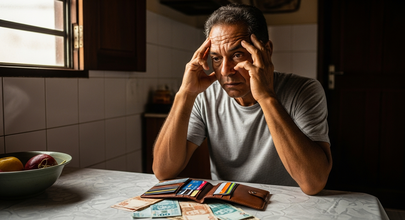 Homem brasileiro pensativo diante de carteira aberta com cartões e dinheiro, refletindo sobre dívidas e nome sujo