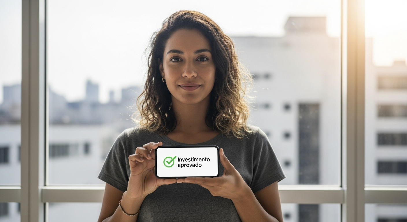 Jovem brasileira confiante com celular após decidir investir no CDB Nubank 200% do CDI