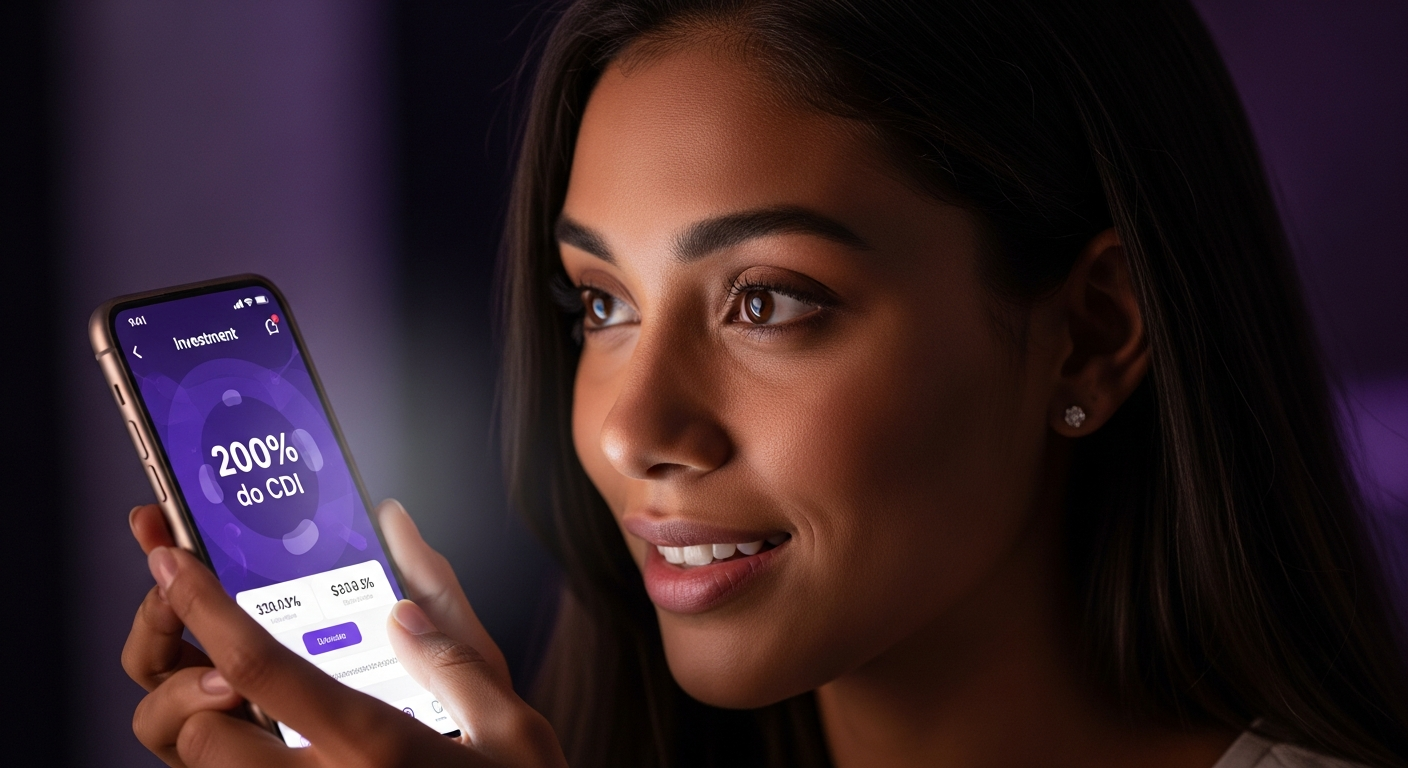 Mulher brasileira olhando para smartphone com aplicativo de investimentos Nubank 200% do CDI na tela