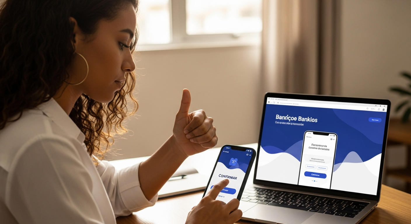 Mulher brasileira autorizando compartilhamento de dados no celular com app de banco digital aberto