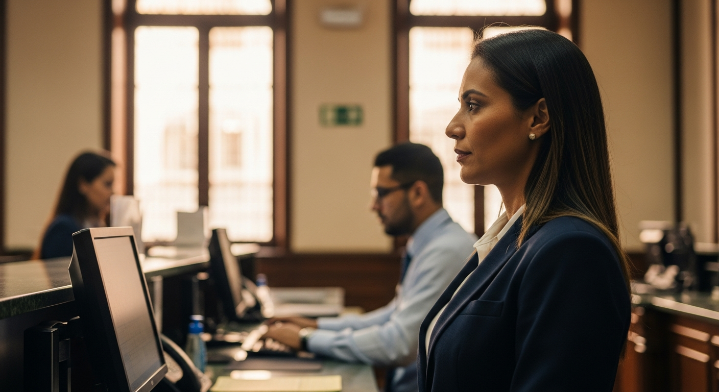 Mulher brasileira em balcão de banco enquanto atendente consulta tela com dados que ela não vê