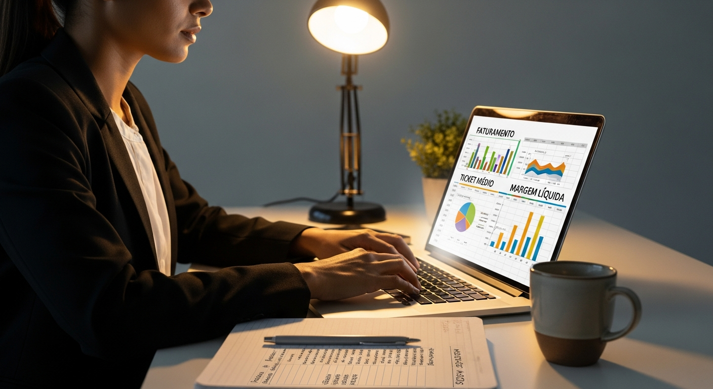 Empresária brasileira acompanhando métricas e indicadores de desempenho em planilha no notebook