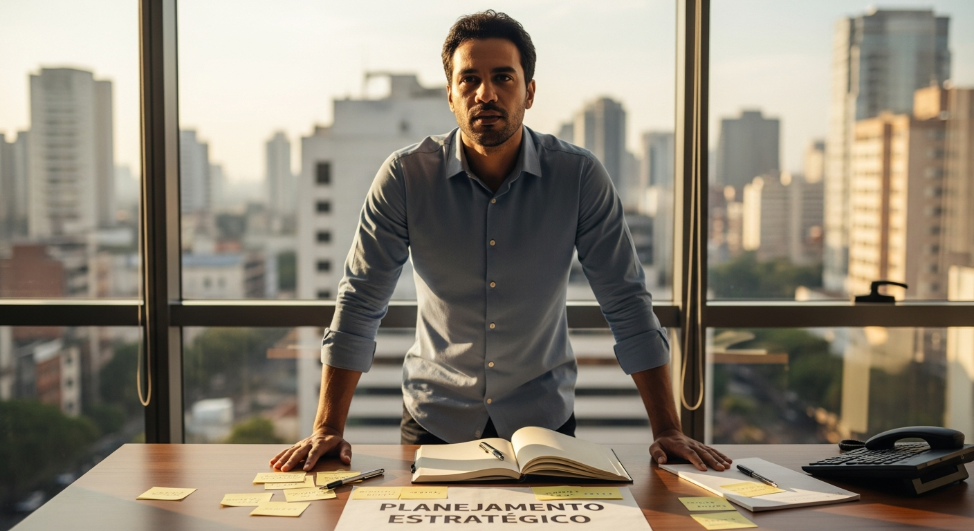 Empresário brasileiro de pé no escritório com anotações de planejamento estratégico sobre a mesa
