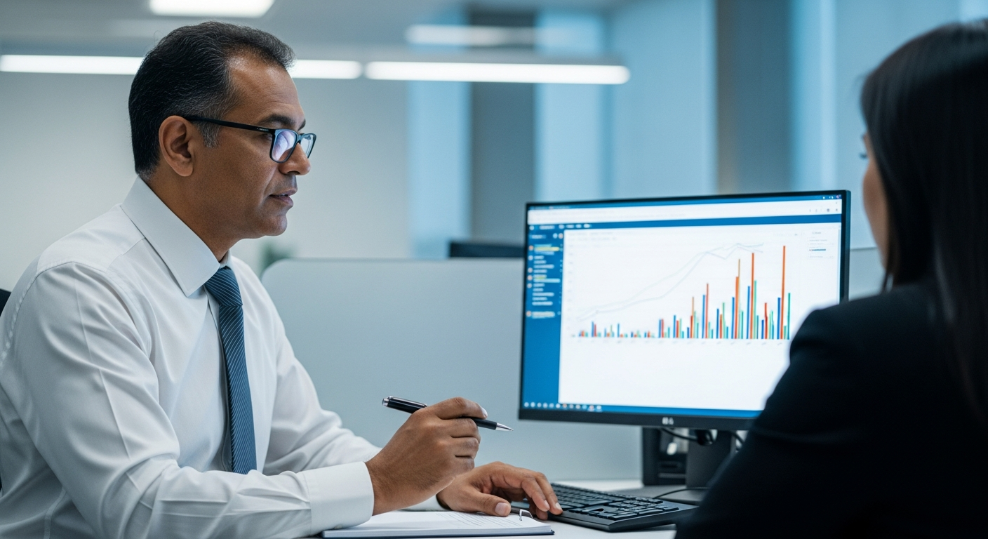 Gerente de banco brasileiro analisando sistema de rating bancário em monitor com dashboard financeiro