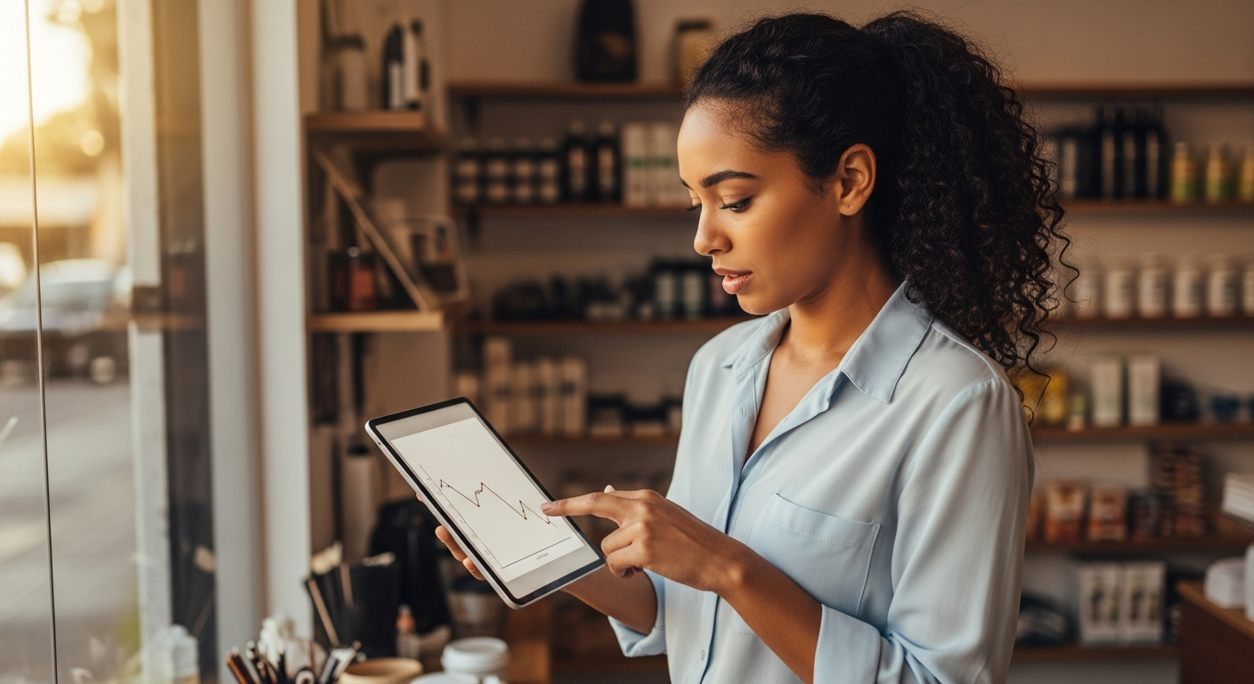 Empresária brasileira de pequeno comércio analisando dados financeiros em tablet