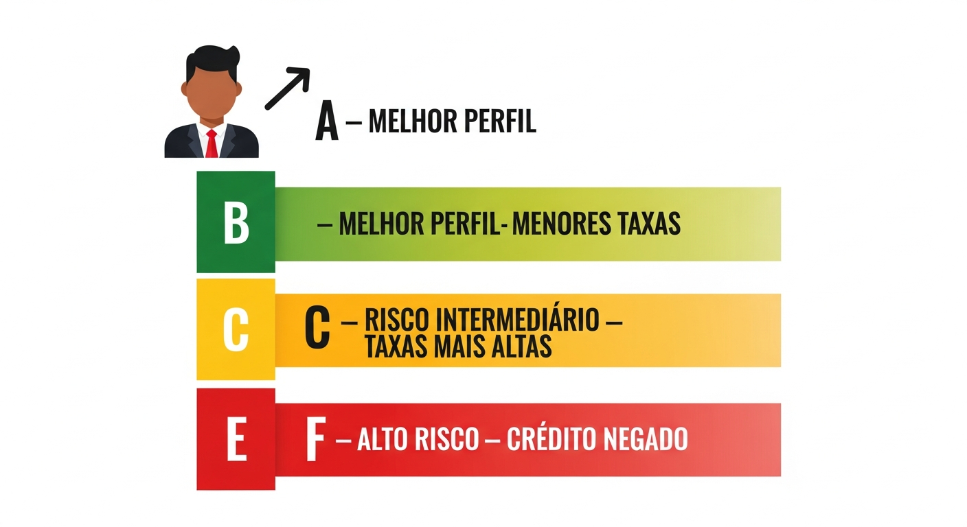 Infográfico com escala de rating bancário de A a F e impacto nas taxas de juros para empresas