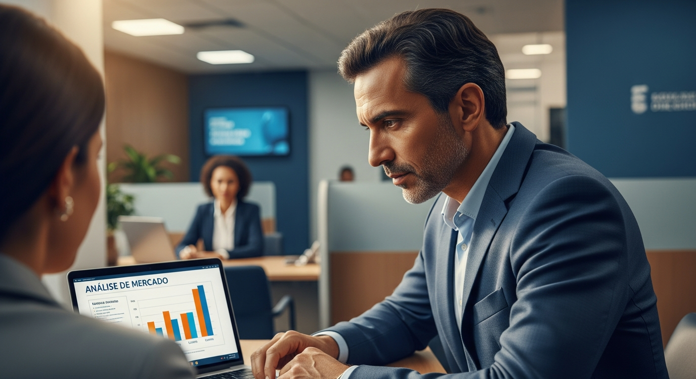 Empresário brasileiro em reunião com gerente de banco analisando crédito empresarial