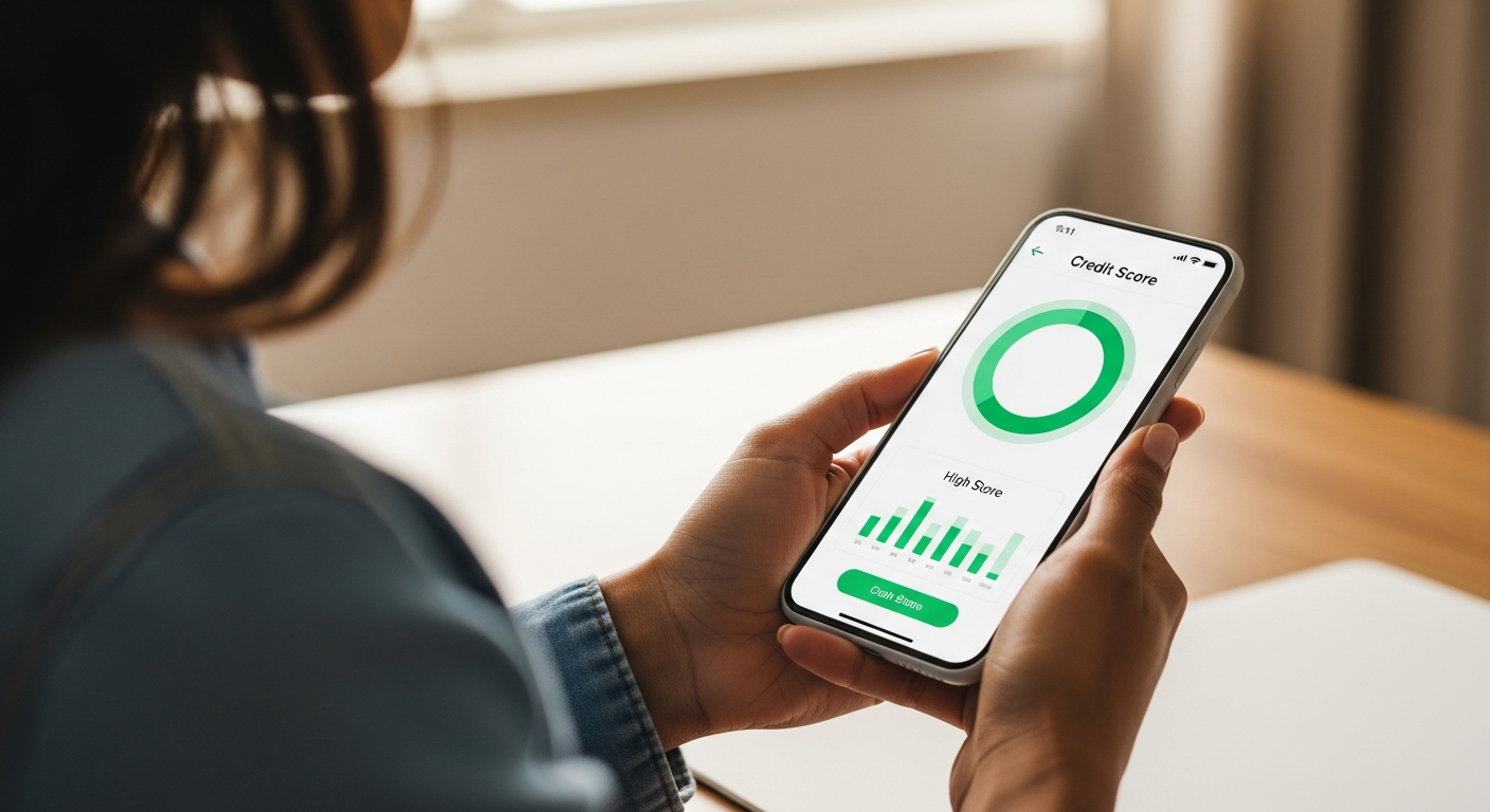 Mulher brasileira consultando score de crédito no smartphone — Score Serasa não é o critério bancário