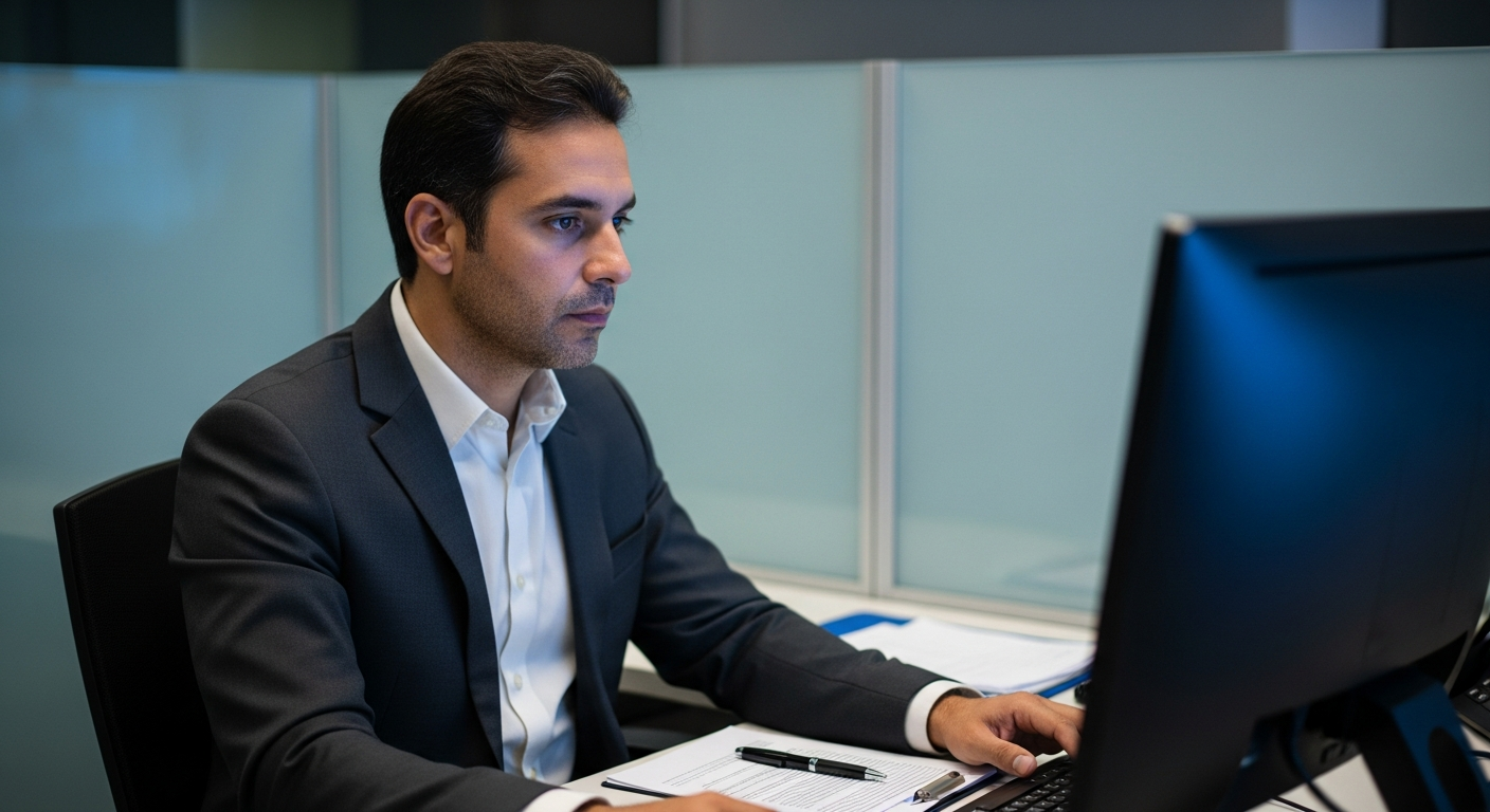 Gerente bancário brasileiro analisando rating de crédito interno de cliente no sistema do banco