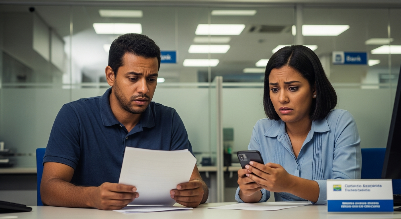 Casal brasileiro com expressão de choque em atendimento bancário após ter carta de consórcio bloqueada por rating