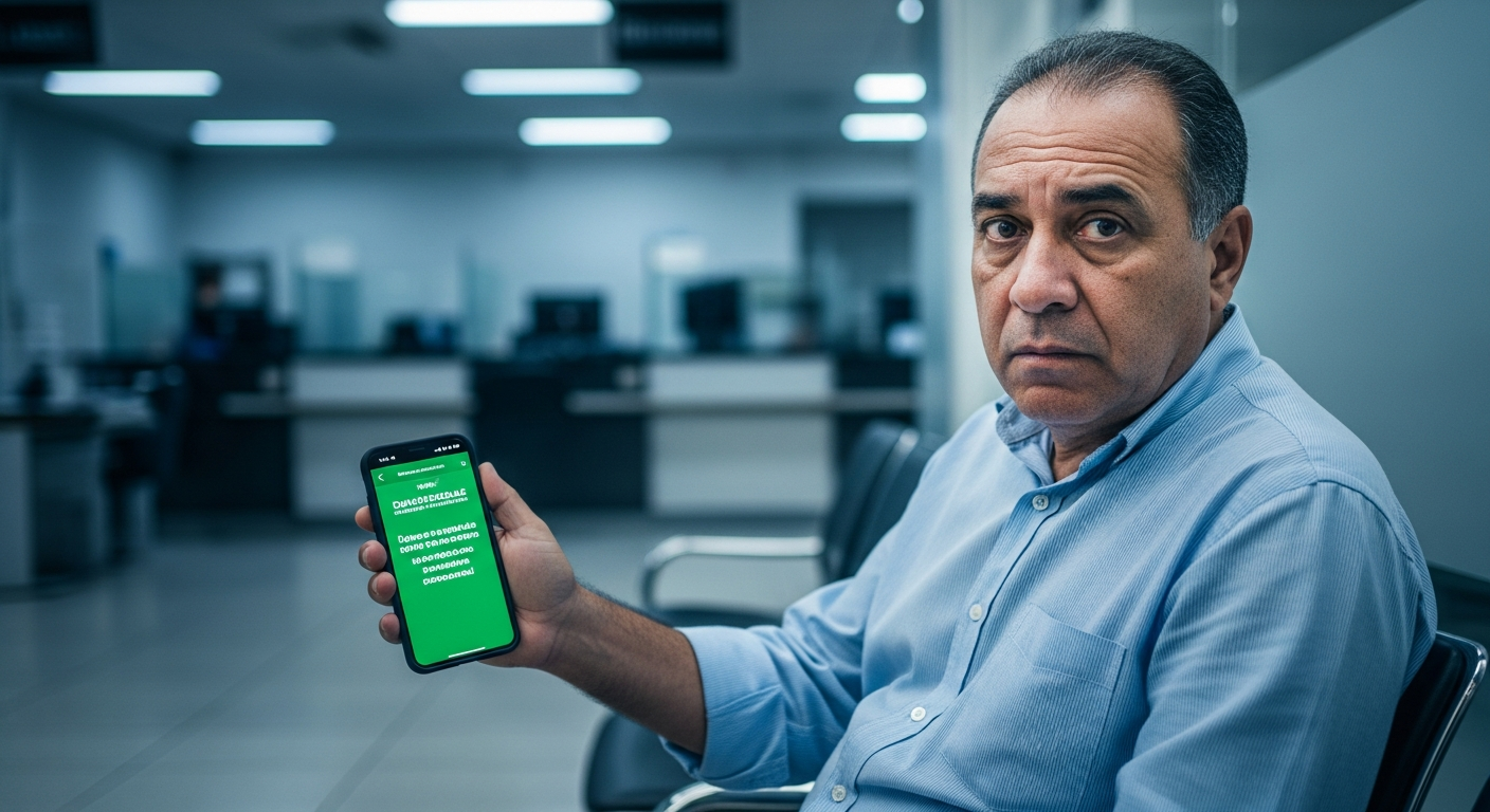 Homem brasileiro confuso segurando celular com score alto em agência bancária após ter crédito negado