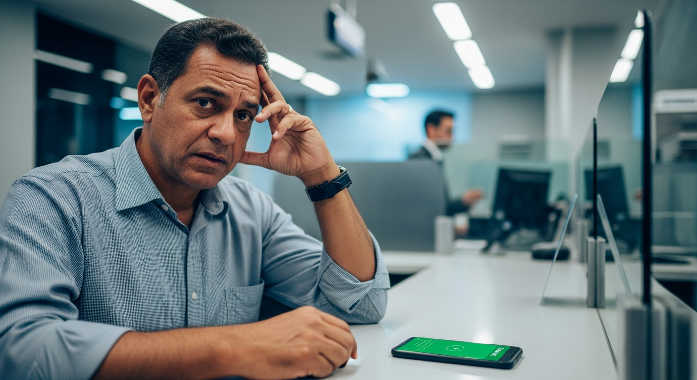 Homem brasileiro frustrado em agência bancária após ter crédito negado mesmo com score alto
