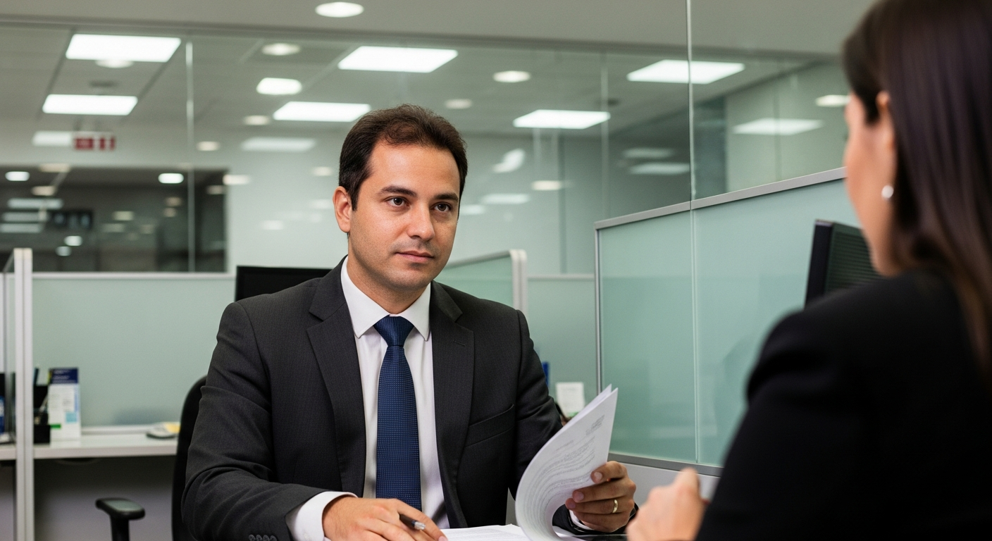 Gerente bancário brasileiro analisando documentos de crédito em agência — decisão vai além do score do Serasa