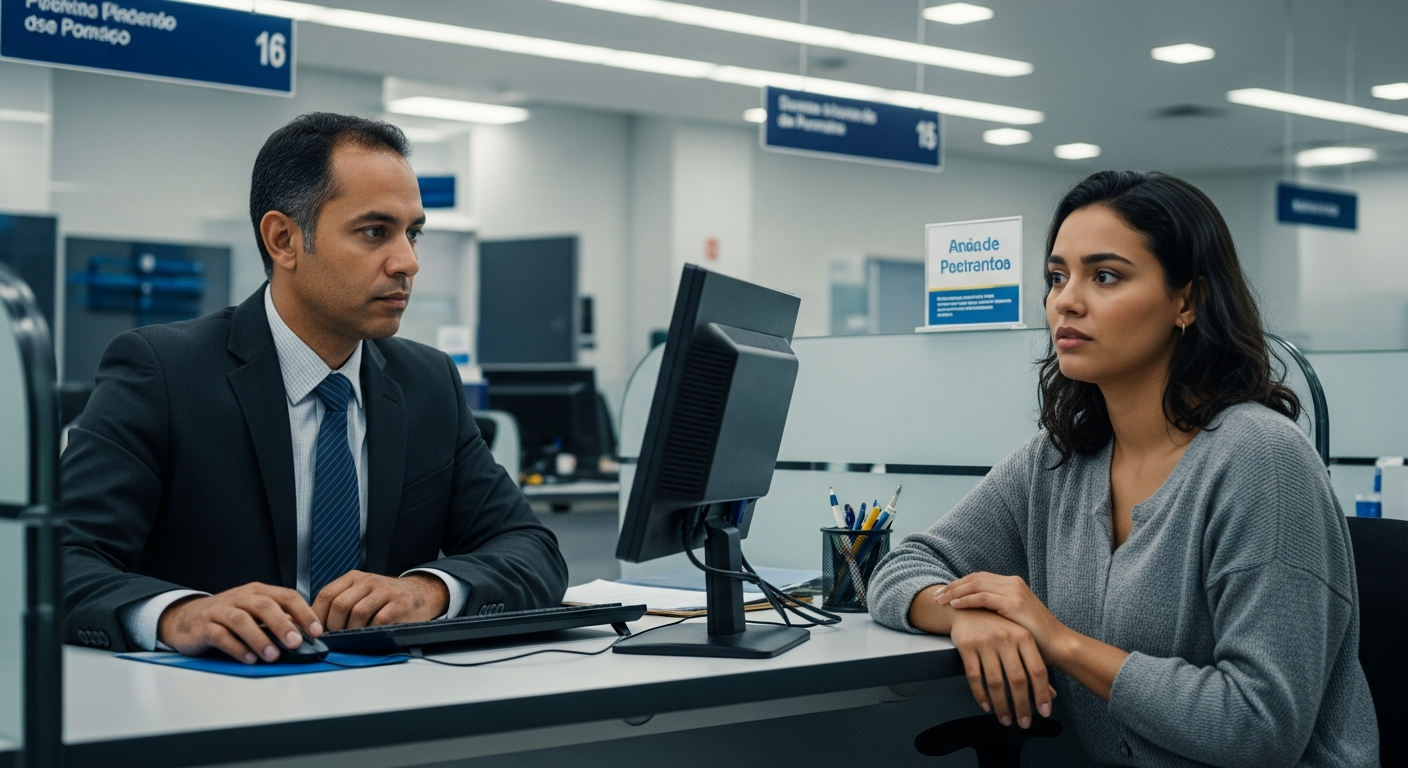 Gerente de banco brasileiro analisando tela enquanto cliente aguarda resposta de crédito