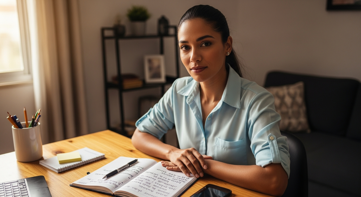 Empresária brasileira se preparando com anotações antes de ir ao banco pedir crédito