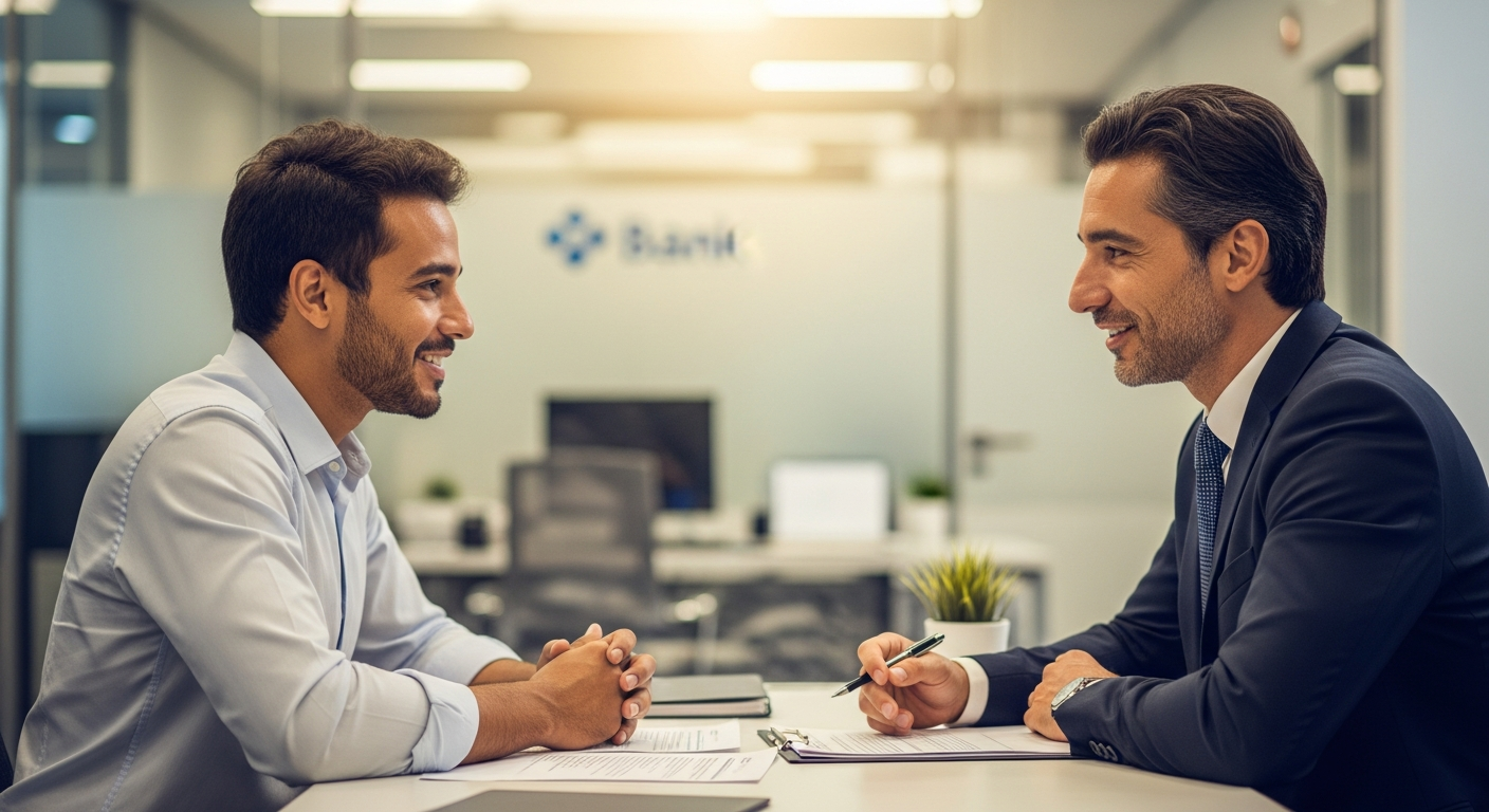Empresário brasileiro em conversa profissional com gerente de banco, negociando crédito