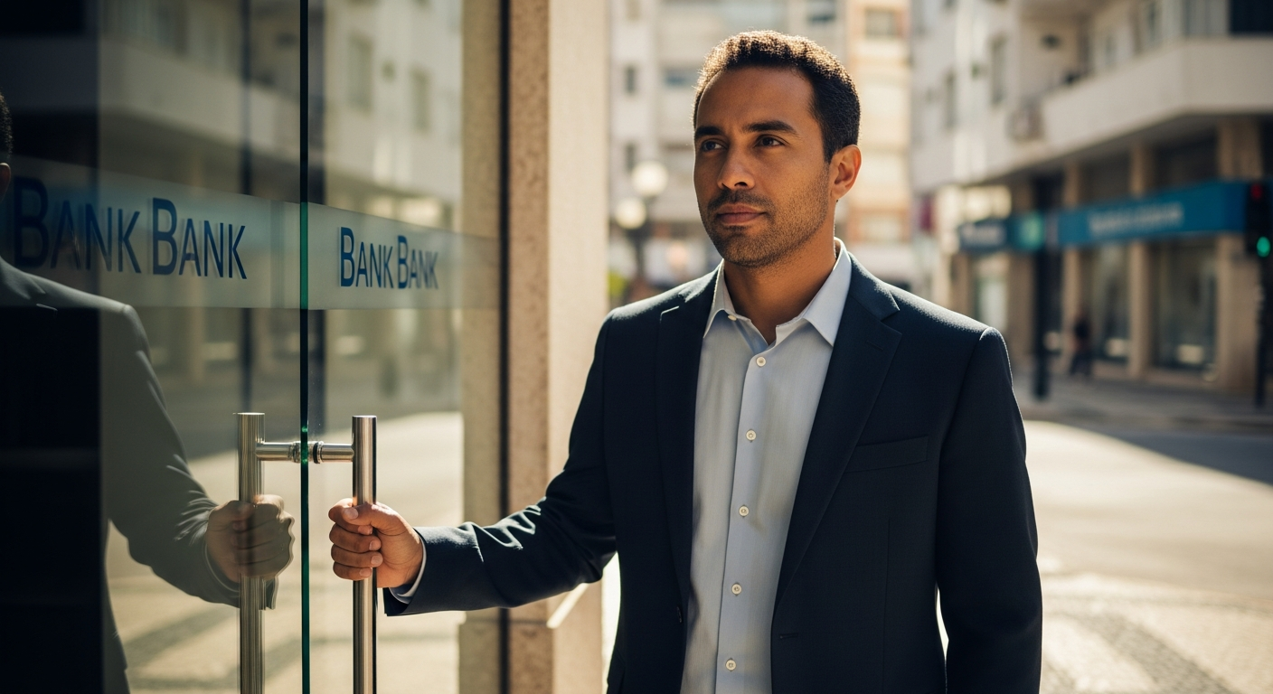 Empresário brasileiro na porta de agência bancária, postura confiante antes de entrar para pedir crédito
