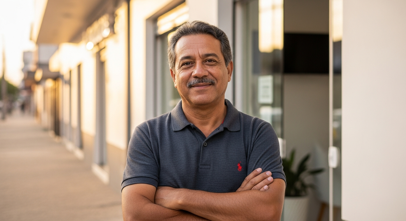 Empresário brasileiro confiante em frente ao seu negócio após melhorar rating bancário e conseguir crédito