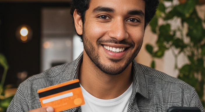 Jovem brasileiro sorrindo com cartão de crédito laranja e celular na mão em sala de apartamento moderno