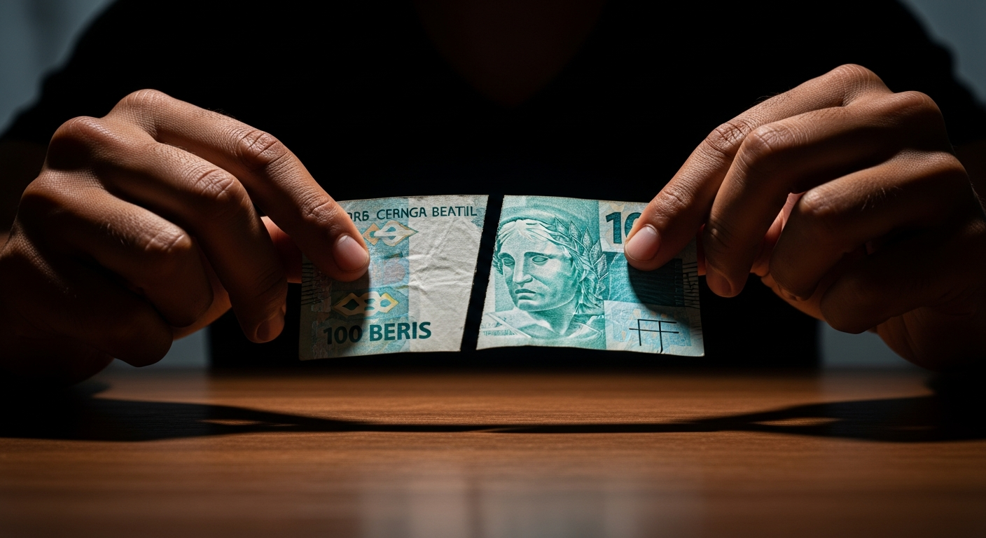 Mãos brasileiras segurando nota de reais ilustrando divisão entre juros e amortização na parcela