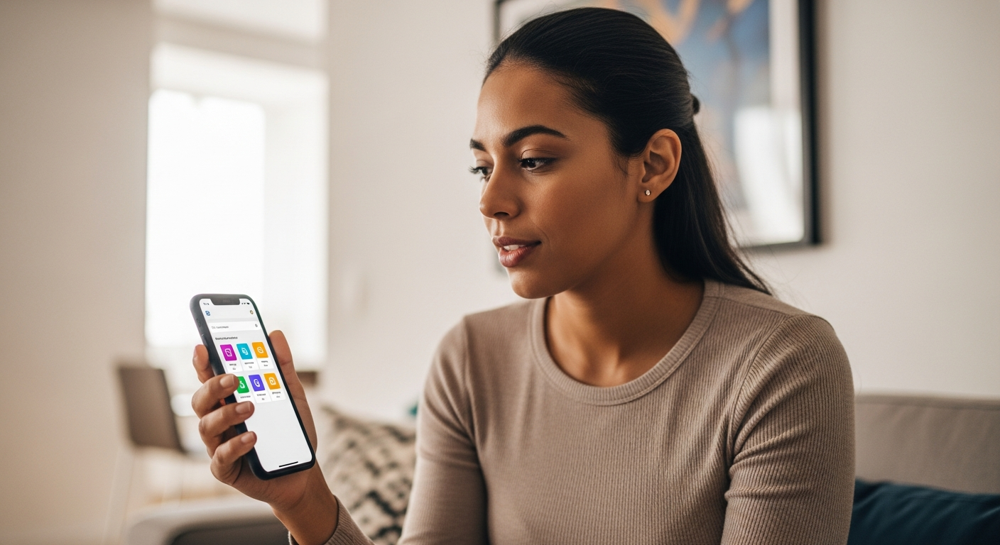 Mulher brasileira acessa opção de amortização de financiamento pelo aplicativo do banco no celular