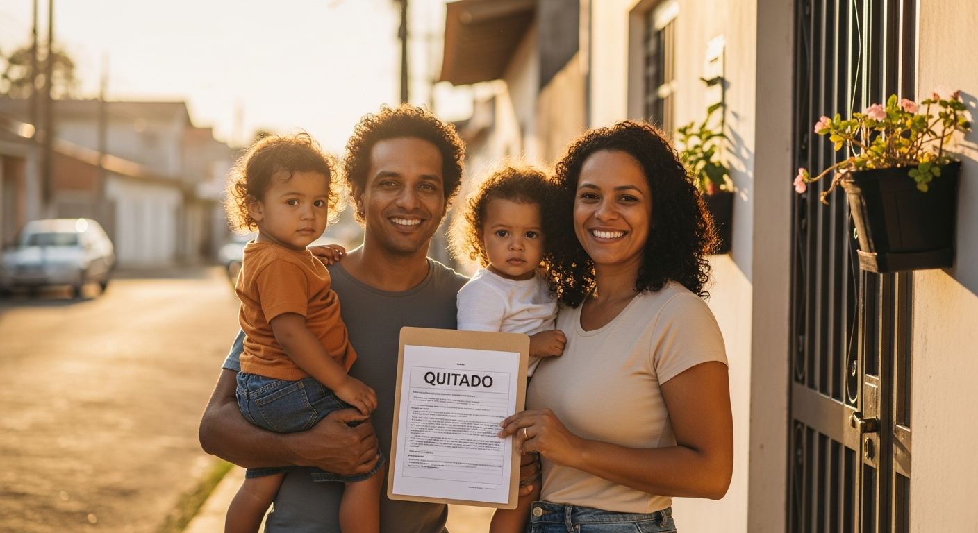 Família brasileira comemora quitação antecipada do financiamento imobiliário na frente da casa própria